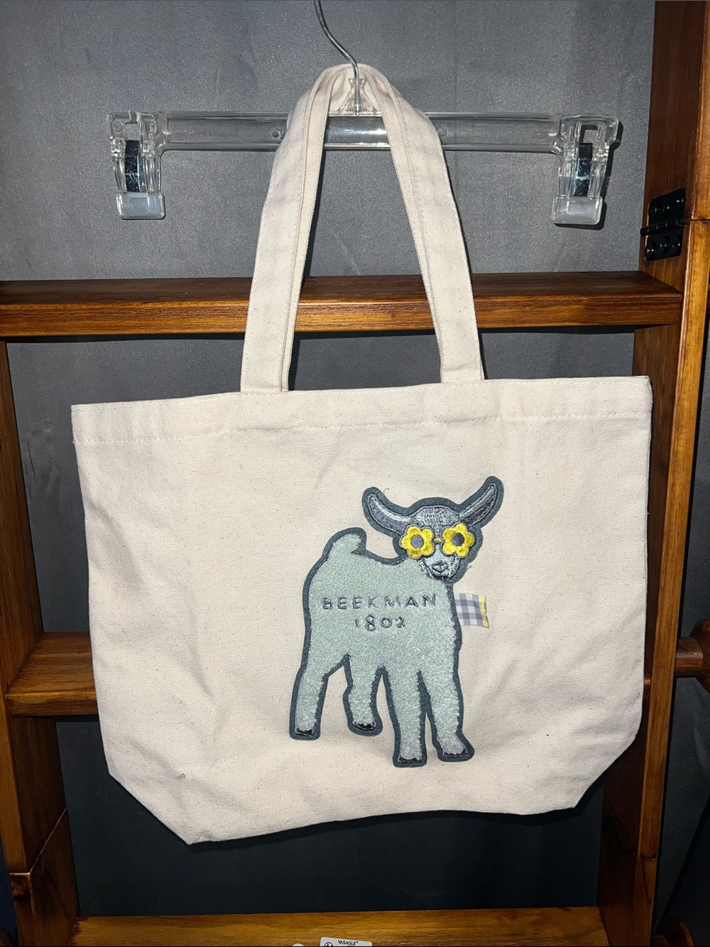 Beekman 1802 Cream Canvas Tote with Lamb Patch and Yellow Flower Eyes